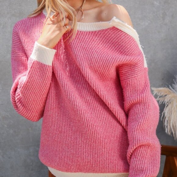 LUMIERE Ribbed Sweater, White Trim, Cozy Knit Pullover - Picture 6 of 6